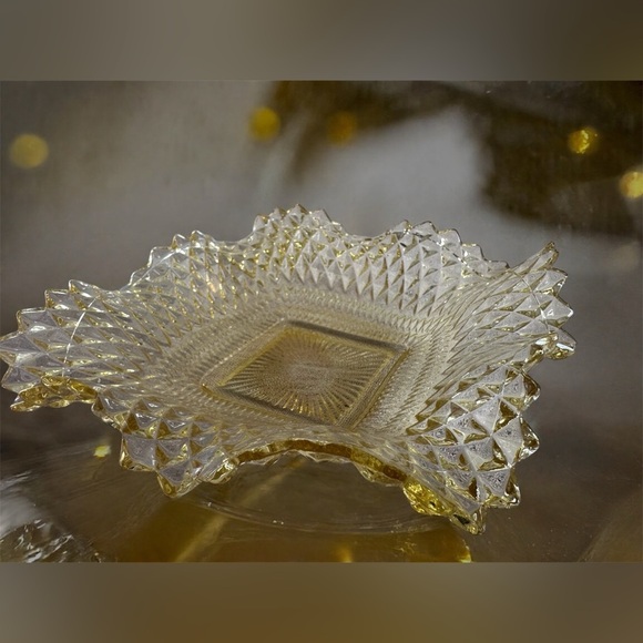 Vintage Federal Glass Ruffled Edge Square Candy Dish Diamond Cut 6 3/4” Amber - Picture 4 of 4